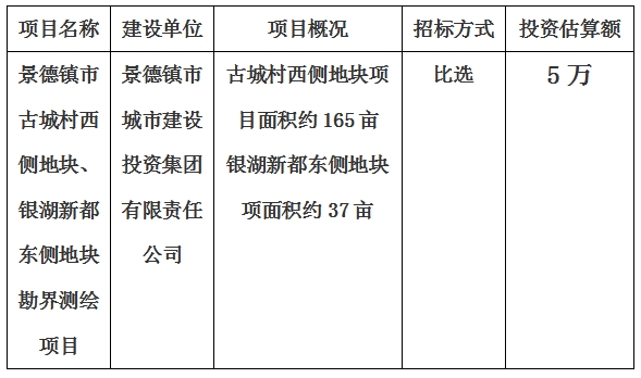 景德鎮(zhèn)市古城村西側地塊、銀湖新都東側地塊勘界測繪項目計劃公告