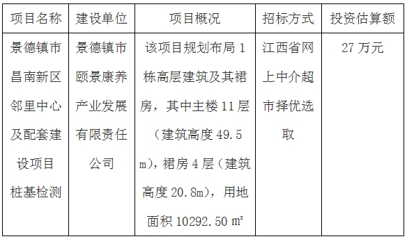 景德鎮(zhèn)市昌南新區(qū)鄰里中心及配套建設(shè)項目樁基檢測招標(biāo)計劃公告